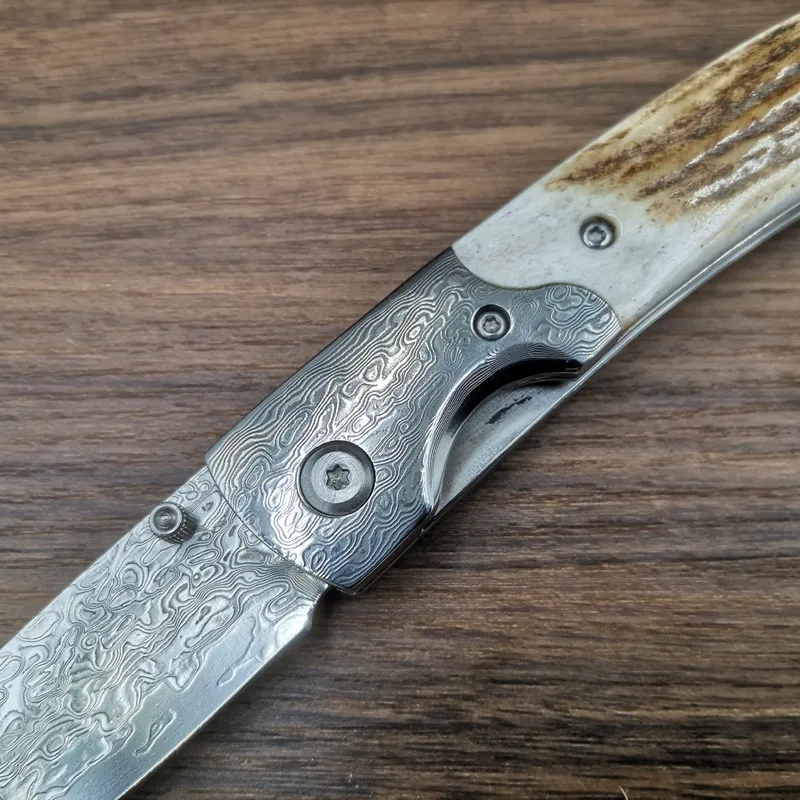 Натуральный ручка Олений Рог складной нож из дамасской стали Сталь Лезвие Отдых