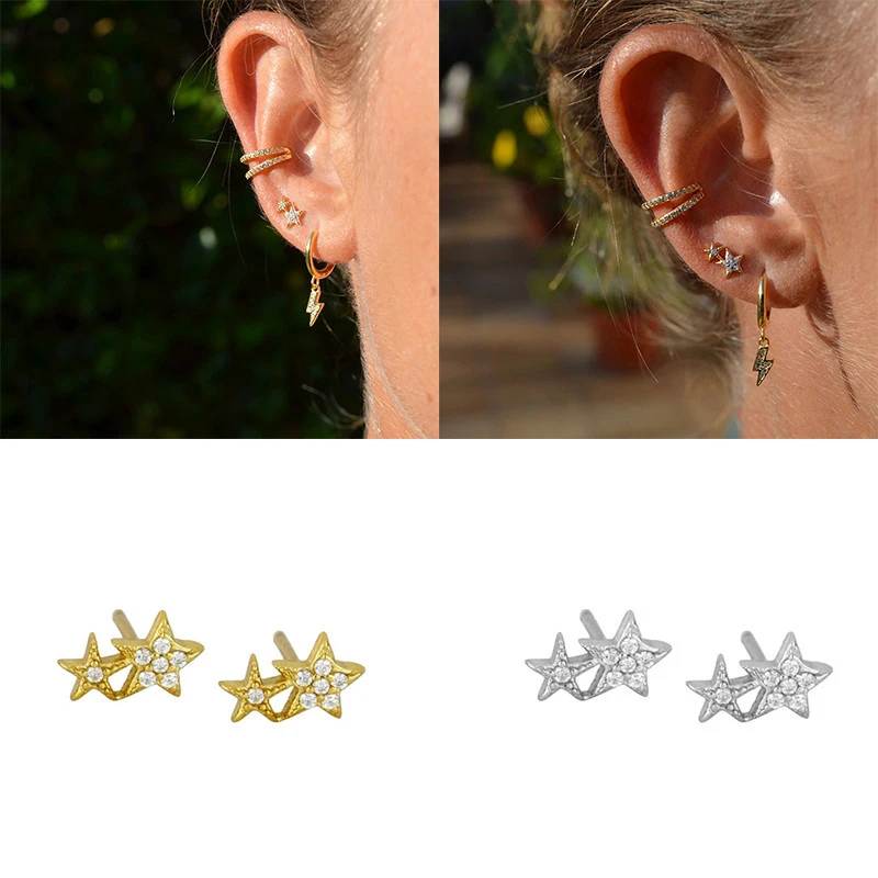

Cute Zircon 2 Double Star Stud Earrings for Women Luxury INS Korean Jewelry 2022 Trendy Statement Accessories Kolczyki Wholesale