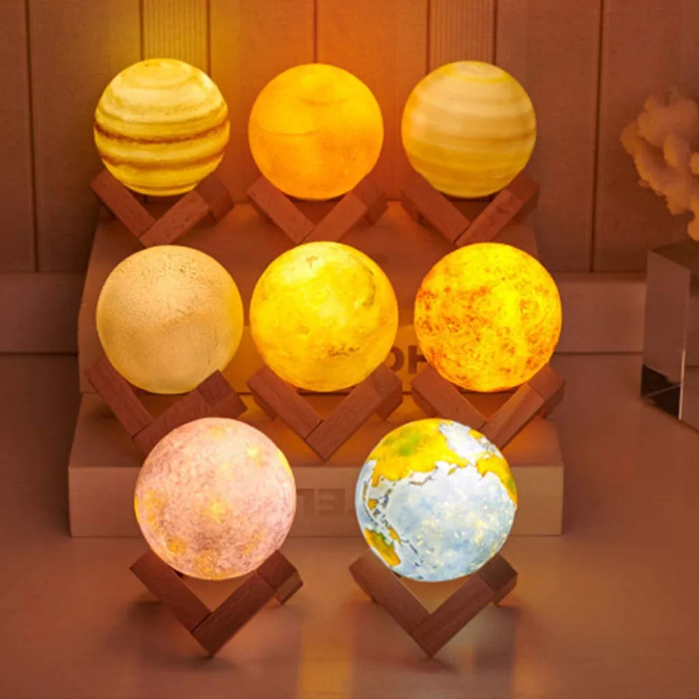8pcs/Set Solar System Planet Lamp 3D Print Night Light USB Rechargeable Touch 3 Colors for New Year Birthday Bedroom Decor Gifts