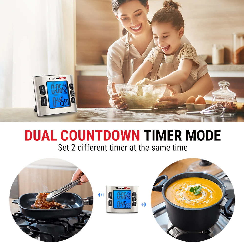 ThermoPro TM02 Digital Kitchen Timer Large Dispaly Backlight Dual Cooking Countdown/upTimer Student Household With Date & Clock |