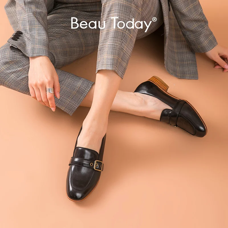 BeauToday/женские лоферы из телячьей кожи с металлической пряжкой и круглым носком