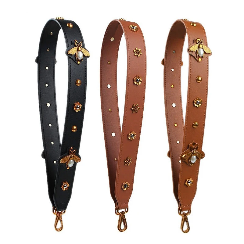 Retro Bee Straps For Bags Genuine Leather Handles Handbags Wide Shoulder Strap Metal flower decoration Anse Sac A Main | Багаж и сумки