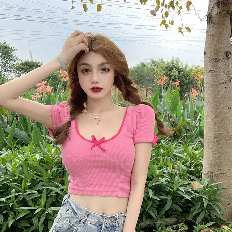 2021 solid-color short-sleeved dewy umbilical T-shirt female pink bow trim waist-length T-shirt bottoms