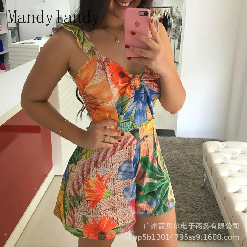 

Mandylandy, новая летняя мода, женский комбинезон с бантом на груди, с цветочным принтом, на бретельках, с V-образным вырезом, комбинезон, шорты