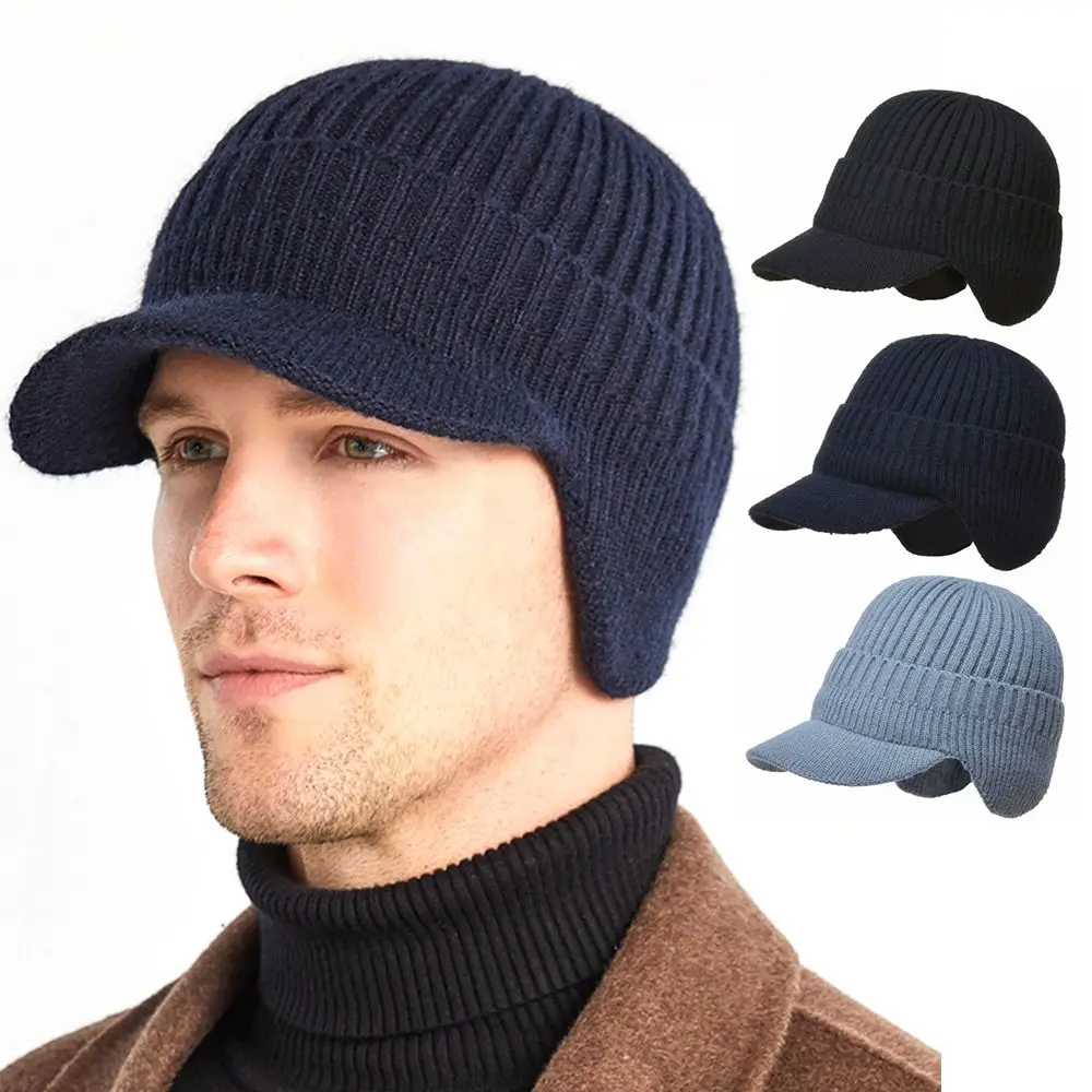 

Outdoor Ear Protection Warm Wool Beanie Hat with Brim Cycling Cap Men's Knit Cap