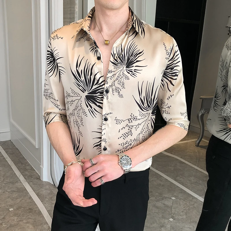 Casual Slim Fit Hawaiian Shirt Streetwear Social Nightclub Blusa High Quality Leaf Printing Men Summer Short Sleeve | Мужская одежда