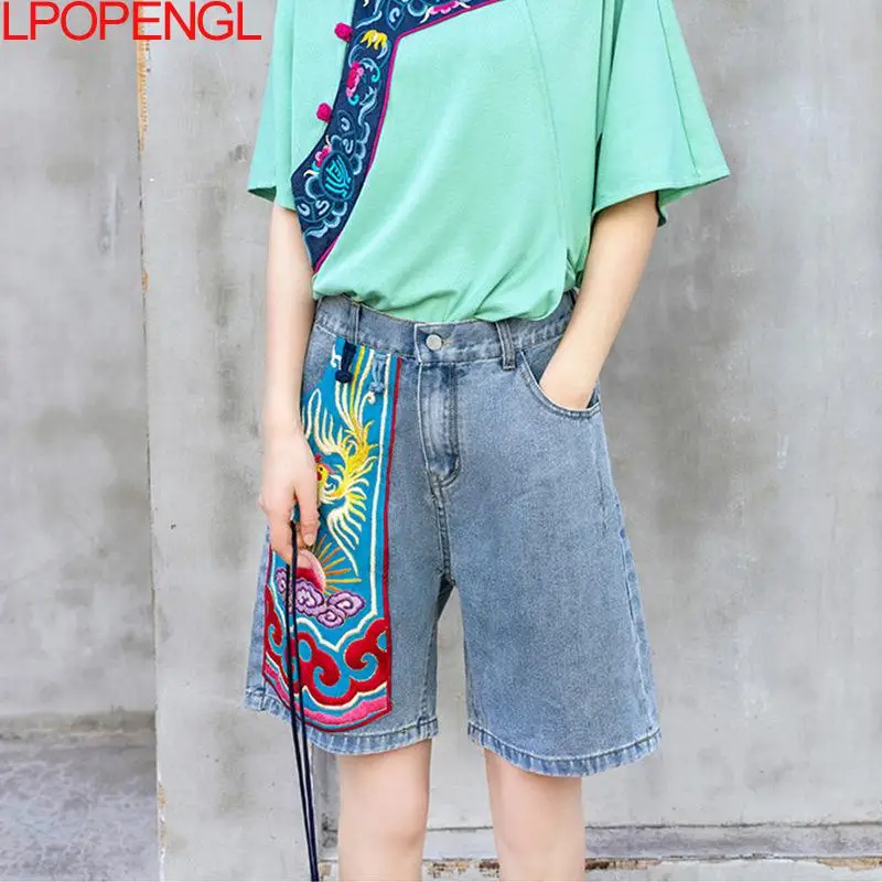 

Spring Summer Women Harajuku Embroidered Short Jeans 2021 Casual Fashion Sweet Style Straight Pants Large Size 27-33