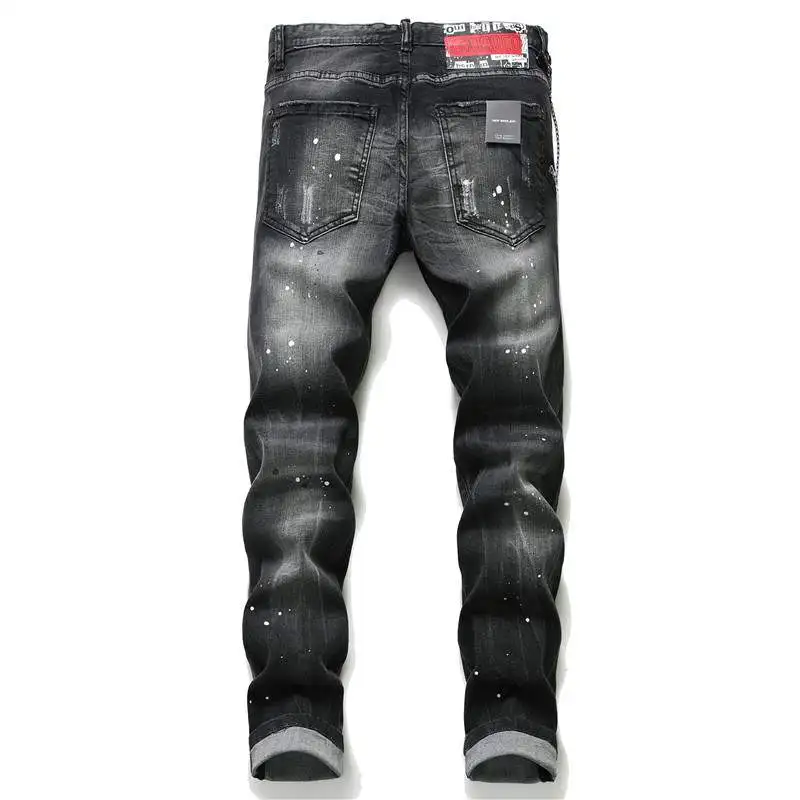 

High-end fashion tattered paint patch stretch D2 jeans printed Harajuku jeans casual four seasons men's mid-waist pants