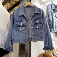 vintage lapel long sleeve short denim jacket pearl button single breasted casual female bomber jacket chaqueta mujer autumn 2021