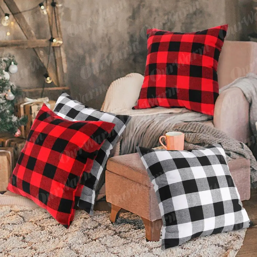 OurWarm 45x45 см хлопковая льняная подушка в клетку для стула белая черная клетчатая