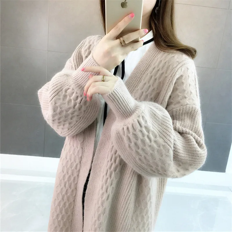 

New Women Knitted Cardigans Autumn WInter Casual Loose Sweater Cardigan Female All Match Mdi Long Coat AB1696