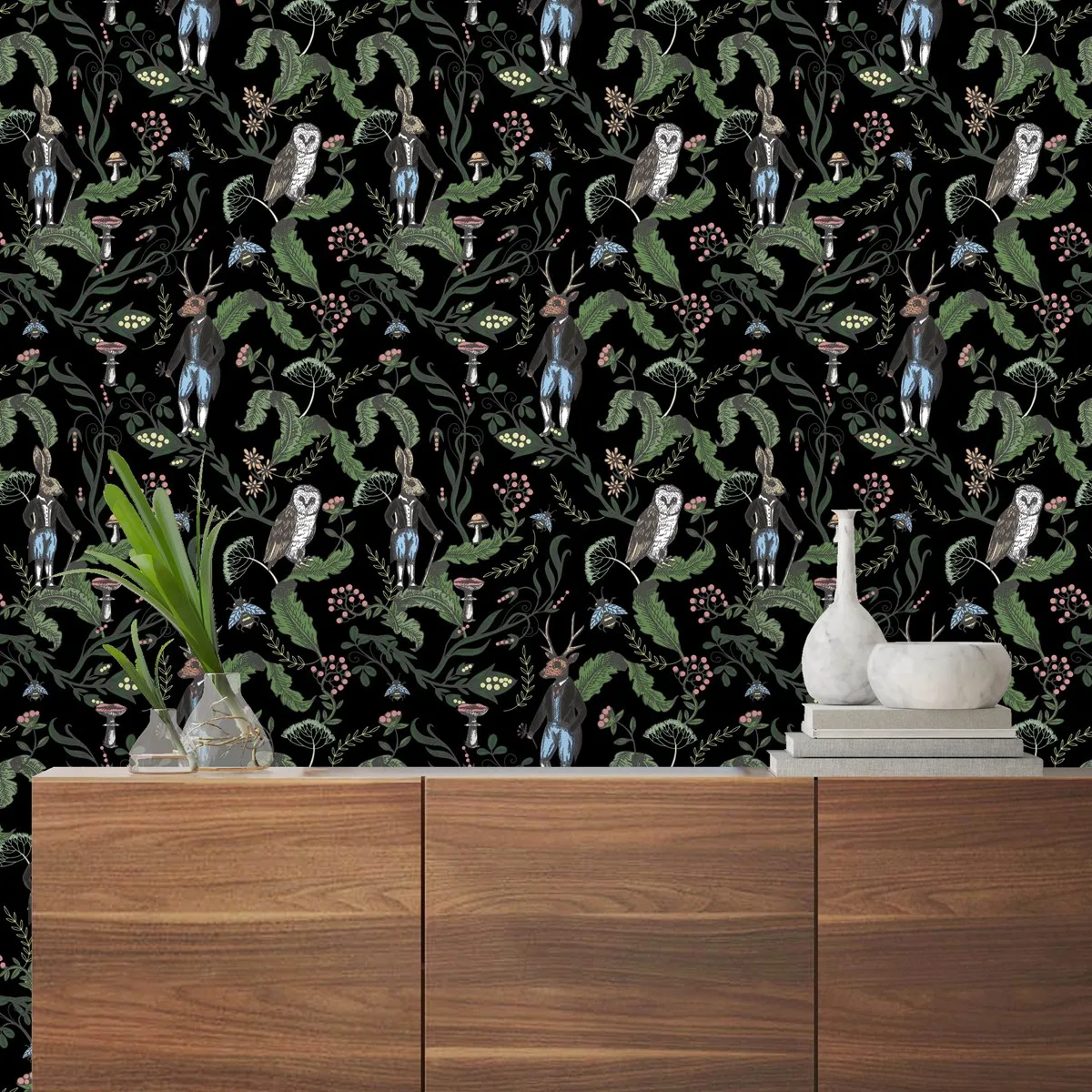 Обои с изображением темных лесных животных совы оленя кролика детей тропические