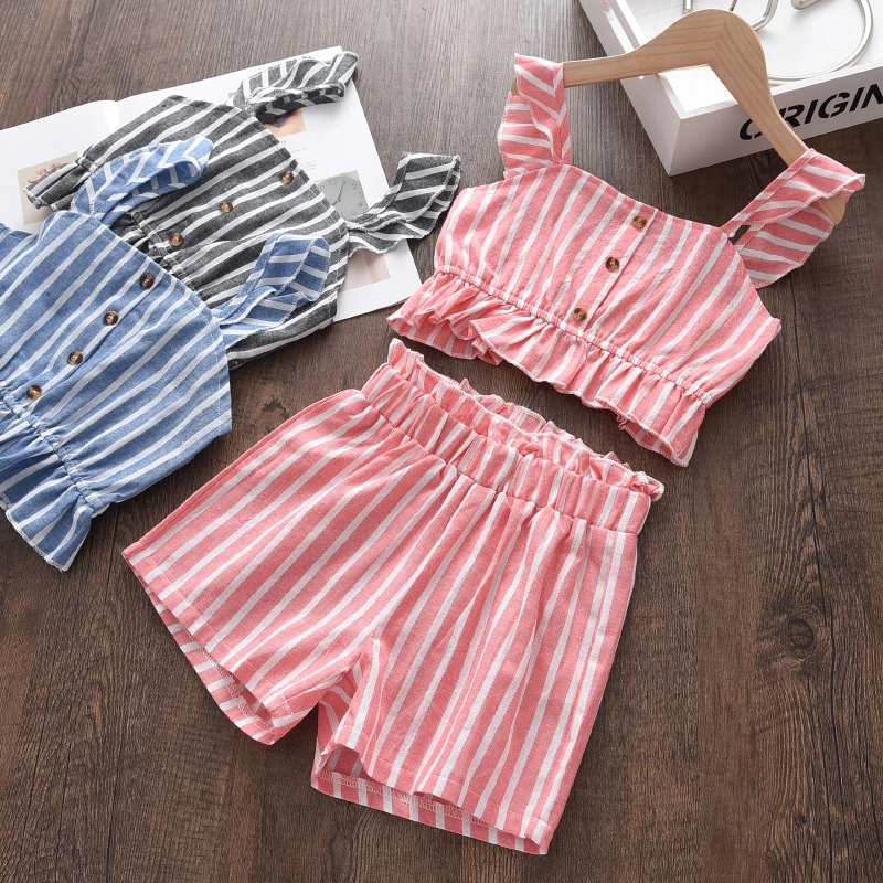 

Girls Clothing Sets 2021 New Summer Toddler Girls Striped Vest And Shorts 2pcs Outfits Sleeveless Children Holiday Casual Suits