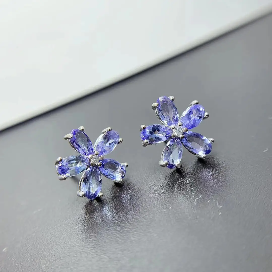 Модные Серебристые серьги-гвоздики из натурального танзанита 3 мм х 5 | Украшения