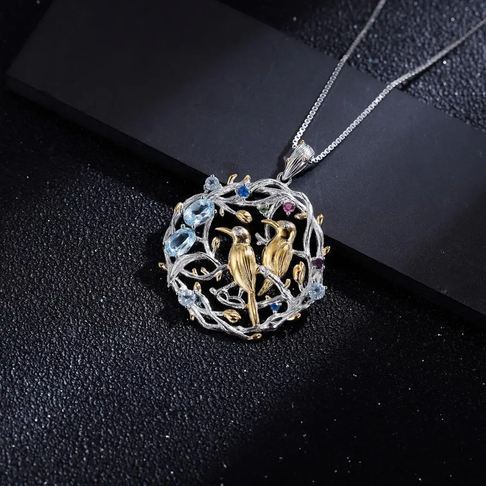 

GEM'S BALLET Natural Sky Blue Topaz Gemstones Pendant Necklace for Women 925 Sterling Silver Handmade Bird Branches Busy Garden