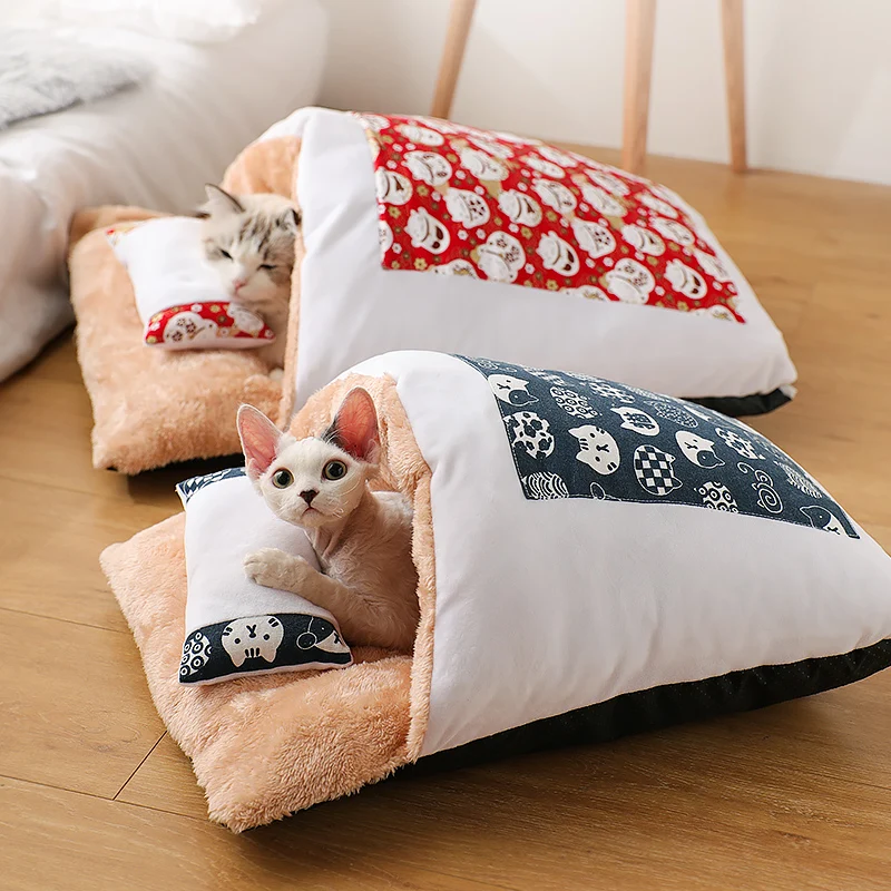 MADDEN Cute Cat Bed Warm Cat Sleeping Bag Deep Sleep Cave Winter Removable Pet House Bed for Cats Dogs Nest Cushion with Pillow