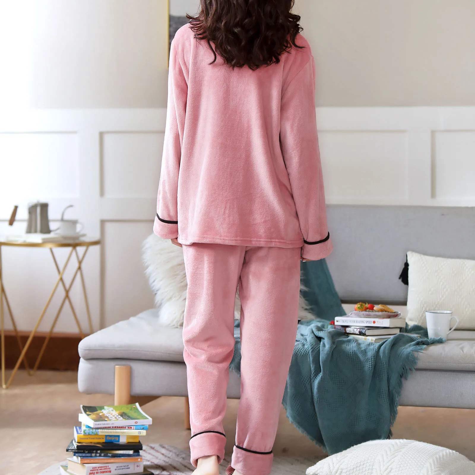 

Ladies New Fashion Casual Flannel Solid Color Letter Printing Pockets Long Sleeves Long Pants Pajamas Suits 2021