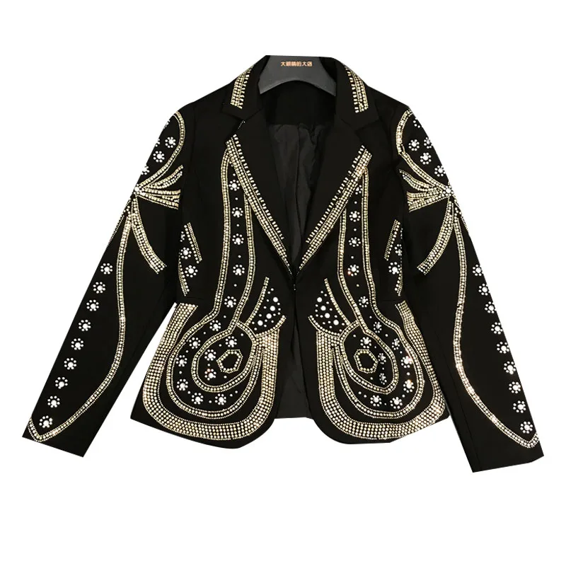 

2020 New Spring Turn-down Collar Full Sleeves Metal Beaded No Buttons Short Jacket Female Single Suit Black Jacket
