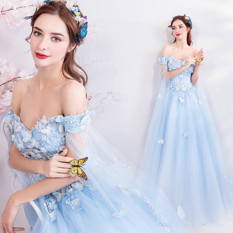 Light Blue Arabic Women Prom Dresses 3D Appliques Tulle 2019 Long Formal Party Evening Gowns Vestidos de Festa Court Train | Свадьбы и