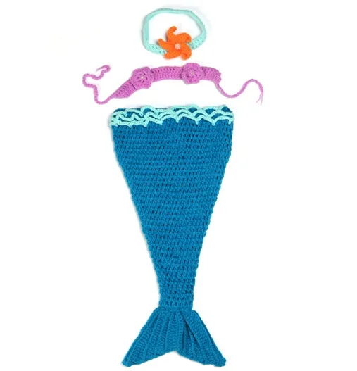 BomHCS 3PCs Newborn Baby Girls Little Mermaid Tail Headband Outfits Crochet Photo Props