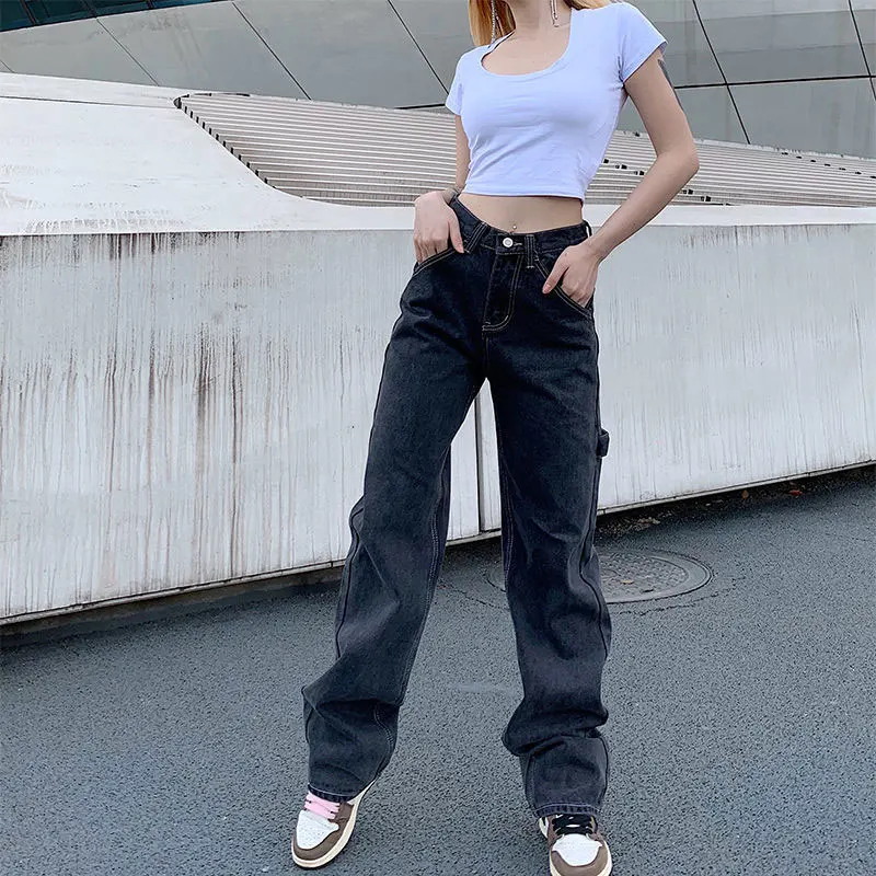 

Bf Retro Casual High Waist Wide Legs Ins Straight Barrel Baggy Jeans Woman 2021 New Smoke Grey female jeans trouser Dropshipping