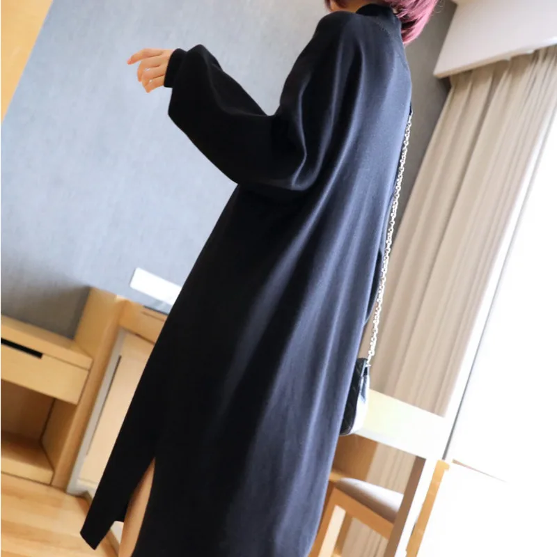 

TVVOVVIN Korean Style Women's Turtleneck Loose Mid-length Split Knitted Dress Solid Color Long Sleeve Streetwear F097