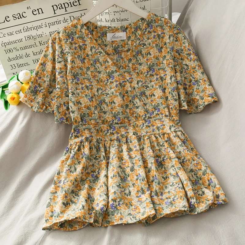 

Solid Color Lace Hollow Out Good Quality Female Cheap Top Short Sleeve Summer New Design V-neck Korean Woman Chiffon Shirt