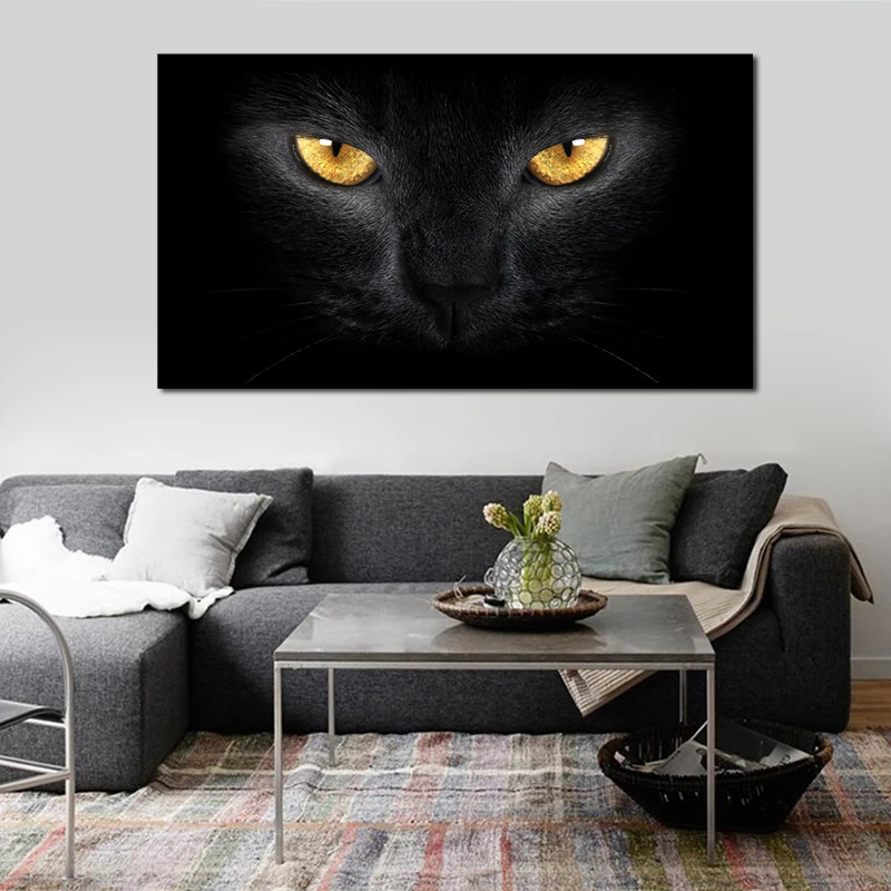 Настенная Картина на холсте для дома офиса гостиницы черное 3D лицо кошки с