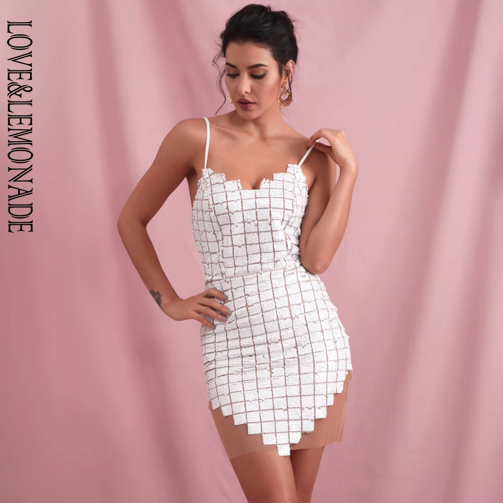 Женское вечернее мини-платье LOVE &amp LEMONADE Белое Облегающее Платье в клетку с