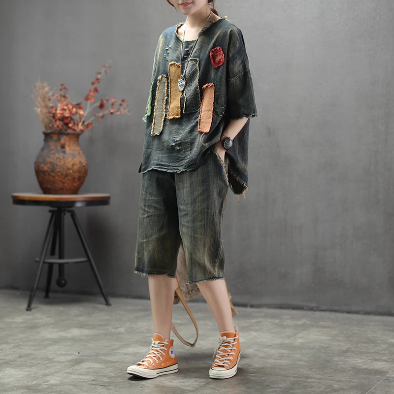 Комплект из 2 предметов для женщин в винтажном стиле В мозаичном Рваные пуловер