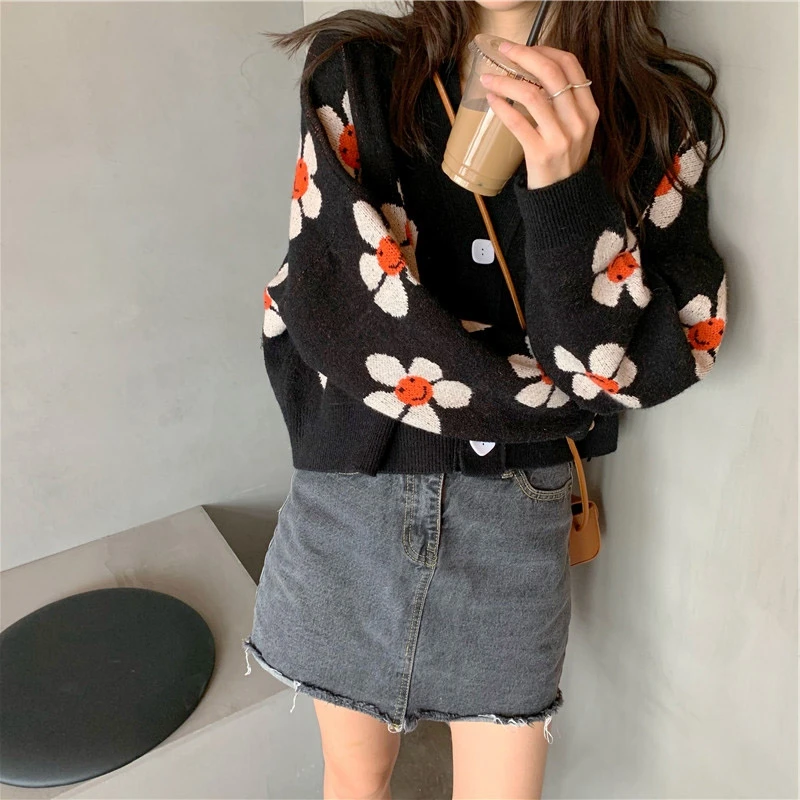 RealShe осенние свитера для женщин v-образный вырез длинный рукав пуговицы цветочный