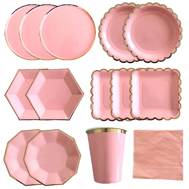 

Pink Disposable Tableware Gold Pink Party Paper Plates Napkins Cups Straws Kids Birthday Party Baby Shower Wedding Decoration