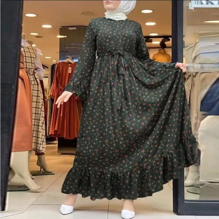 

Bohemian spring and autumn new floral round neck pleated long sleeve swing long dress