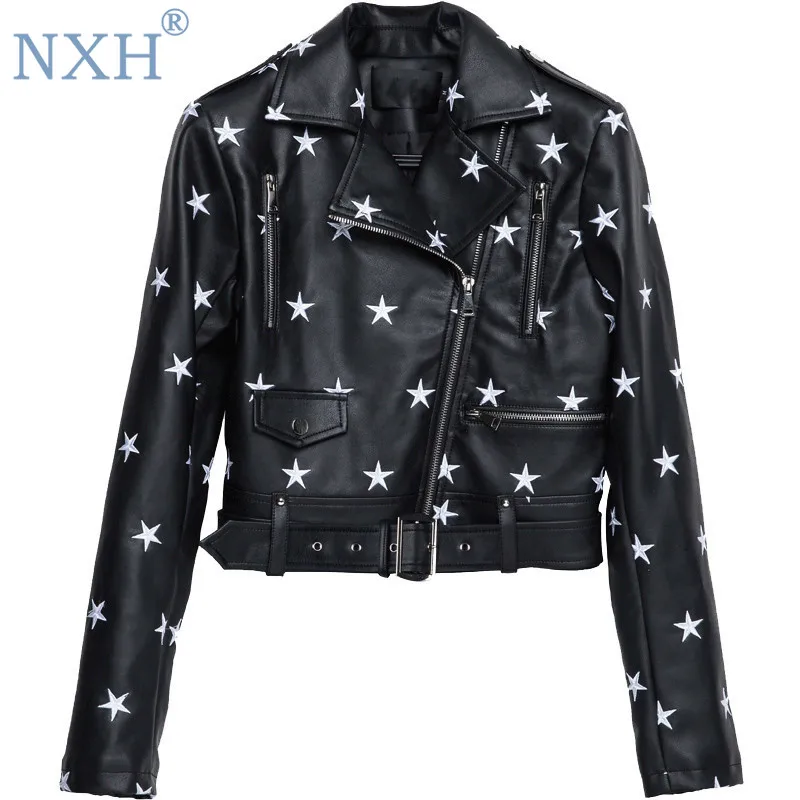 NXH Street Fashion PU Leather Jacket New Womens Star Embroidery Casual Motorcycle Jackets bright streetwear clothes women