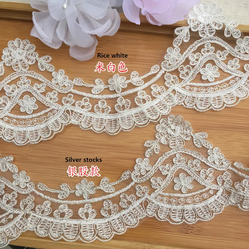 

High Quality Rayon Beige Plus Silver Strands Car Bone Lace DIY Wedding Dress Veil Accessories 8.5CM