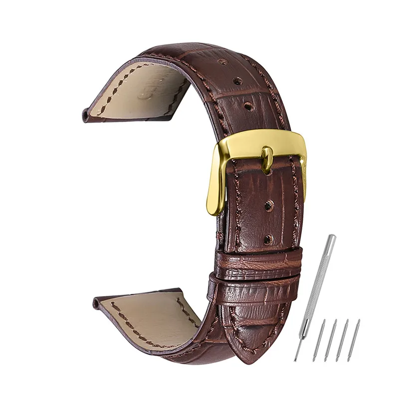 Brown Кожаный ремешок CHIMAERA 14, 15, 16, 18, 19, 20, 21, 22, 24 мм, Золотая Пряжка, черный, коричневый ремешок для часов, браслет из кожи аллигатора для Tissot - Цвет ремешка: Brown