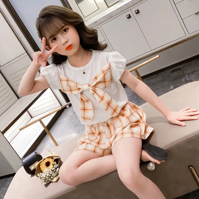 

Summer Girls Clothes Set Children Clothing Outfits Fashion Plaid Bow T-shirt & Shorts for Kids Baby Girl Casual Suits 8 12 Years