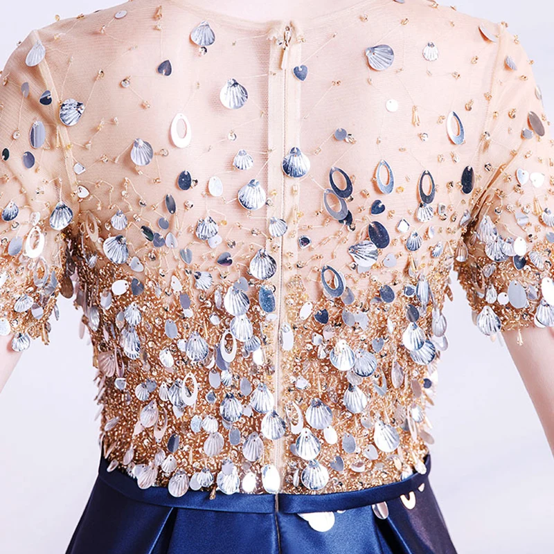 

Blue Luxury Evening Dresses Illusion Short O-Neck Sequined Lace Tulle Floor-Length A-Line Beading Elegant Lady Formal Gown TS695