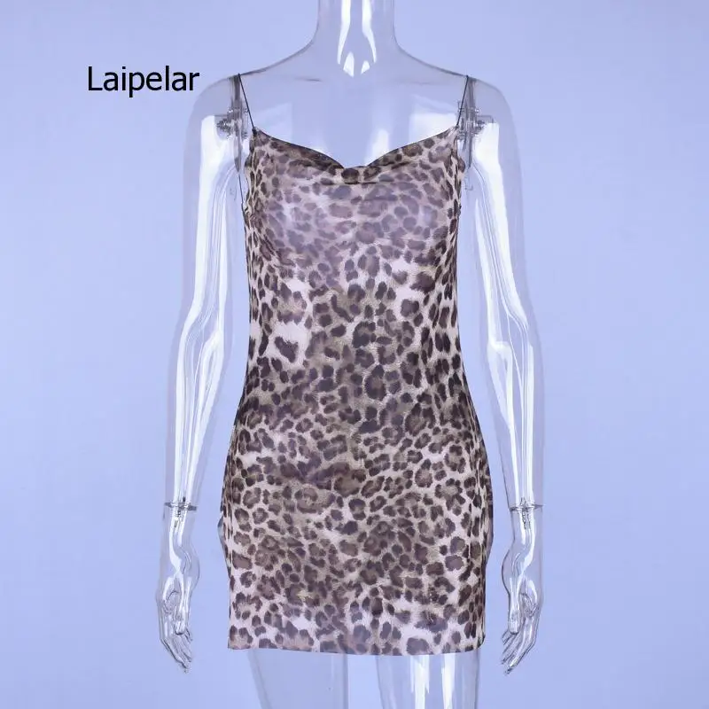 

Leopard Print Sexy Slim Thin Drawstring Split Dress for Women Summer Beach Wear