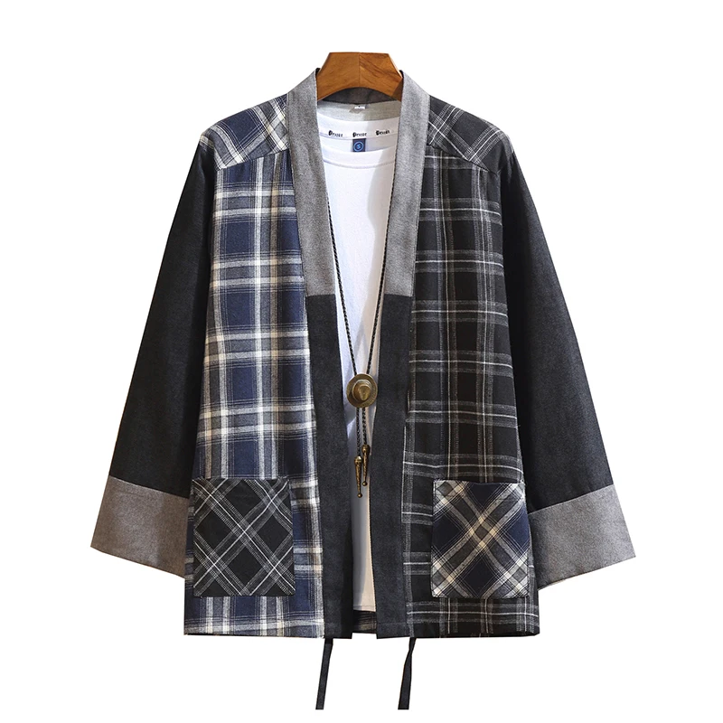 

2021 summer clothing Chinese style splicing contrasting color plaid cardigan Han clothing T shirt men retro ethnic fashion coat