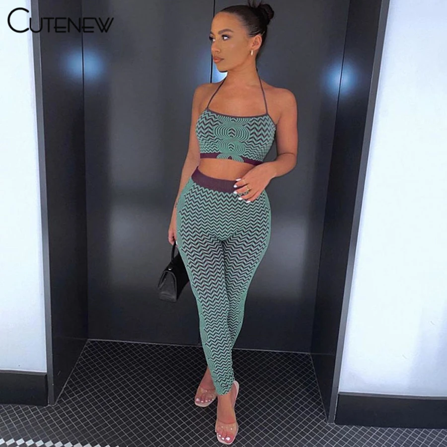 

Комплект из двух предметов Cutenew с геометрическим принтом, женская одежда, топ без рукавов + узкие брюки с высокой талией, подходящая повседне...