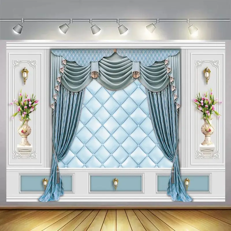 

Фон для фотосъемки с изображением белой кирпичной стены и занавески для детской комнаты