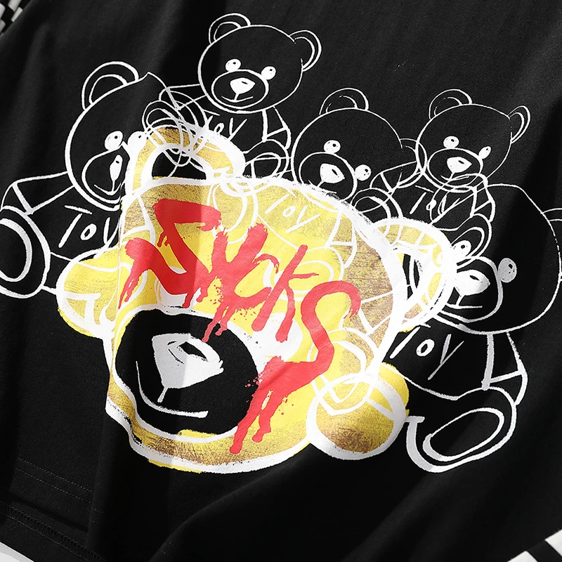 

Aolamegs Fake 2 Pieces Striped Printed Long Sleeve Bear Graphic T Shirts Men O-Neck Cotton Harajuku Baggy Tee Shirts Streetwear
