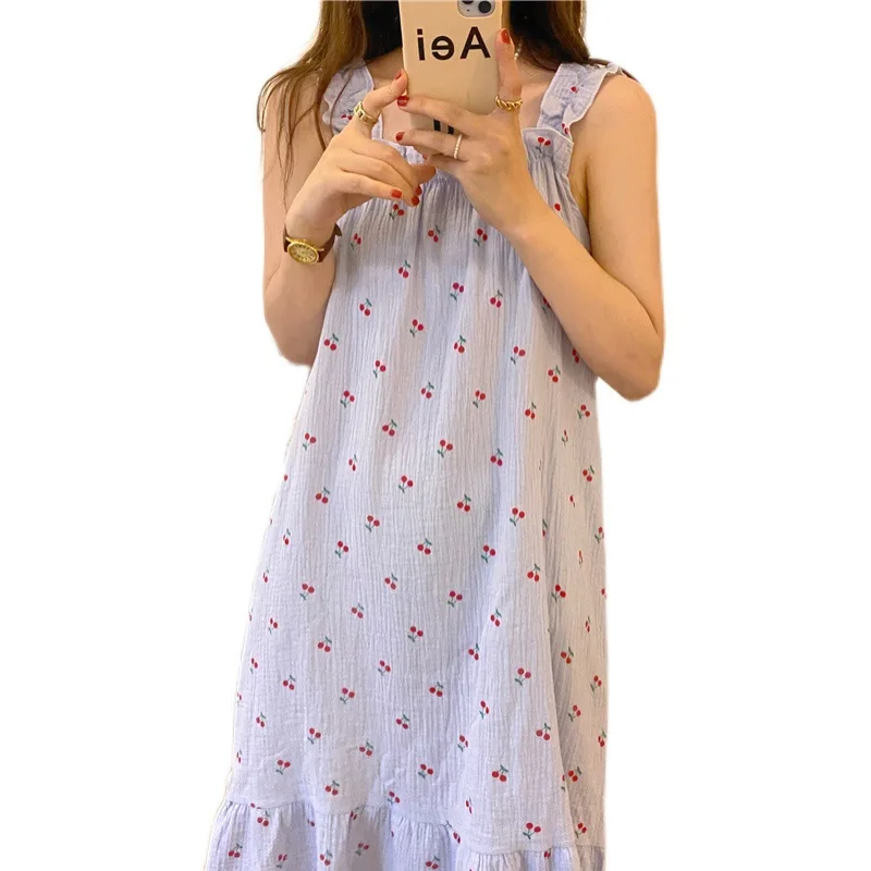 

Marple Strap Summer Pajamas Set Sweet Korean Ruffles Two Piece Home Suit Tops + Shorts Set Kawaii Cherry Print Ins Homewear