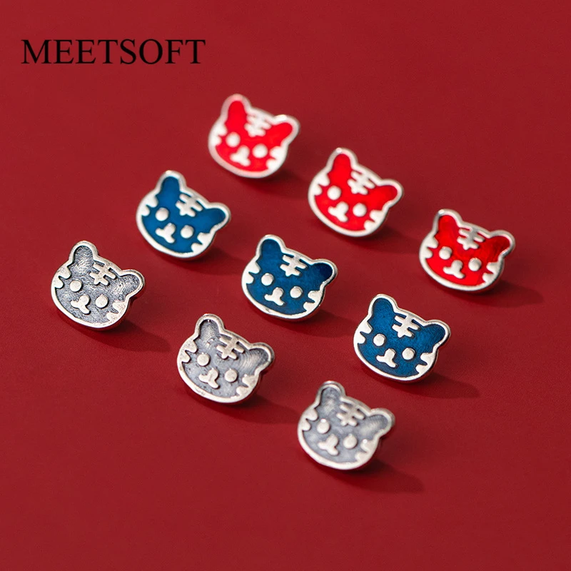 

MEETSOFT Genuine 925 Silver Retro 10MM Cute Tiger Head Colorful Enamel Button Charms of DIY Handmade Making Bracelet Accessories