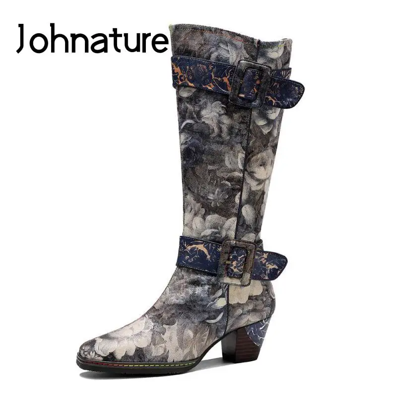 

Johnature Long Boots Women Shoes 2022 New Print Zip Retro Round Toe Handmade Sewing Leisure Autumn Winter Concise Platform Boots
