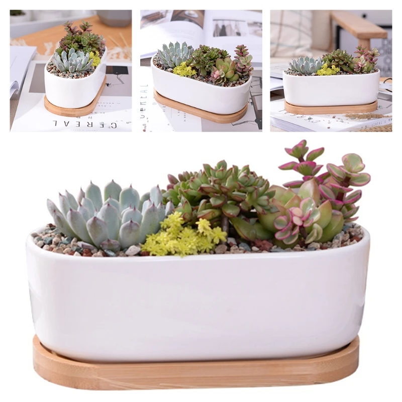 

Succulent Planter Ceramic Flower Pot with Bamboo Tray Drainage Holes for Indoor Outdoor Home Garden Decoration