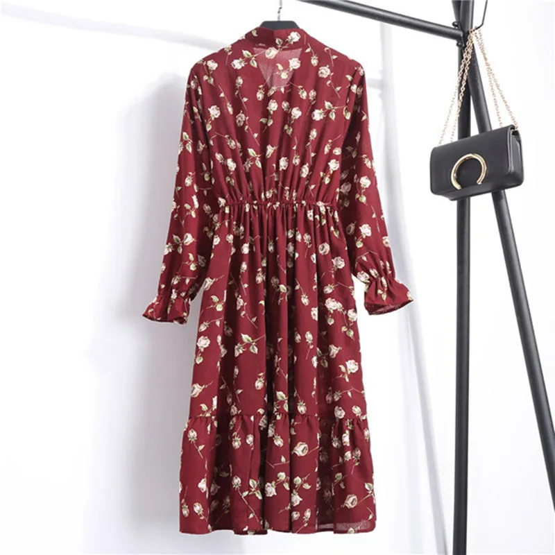 

2020 Summer Floral And Dot Print Women's Stand Neck Dresses Long Sleeve Cute Chiffon Dress Fashion Long Sleeve Female Dresses