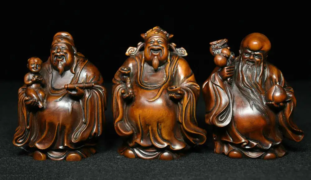 

wedding decoration Chinese Taoism Boxwood Wood Carved 3 Longevity God Fu Lu Shou Life Statue Set