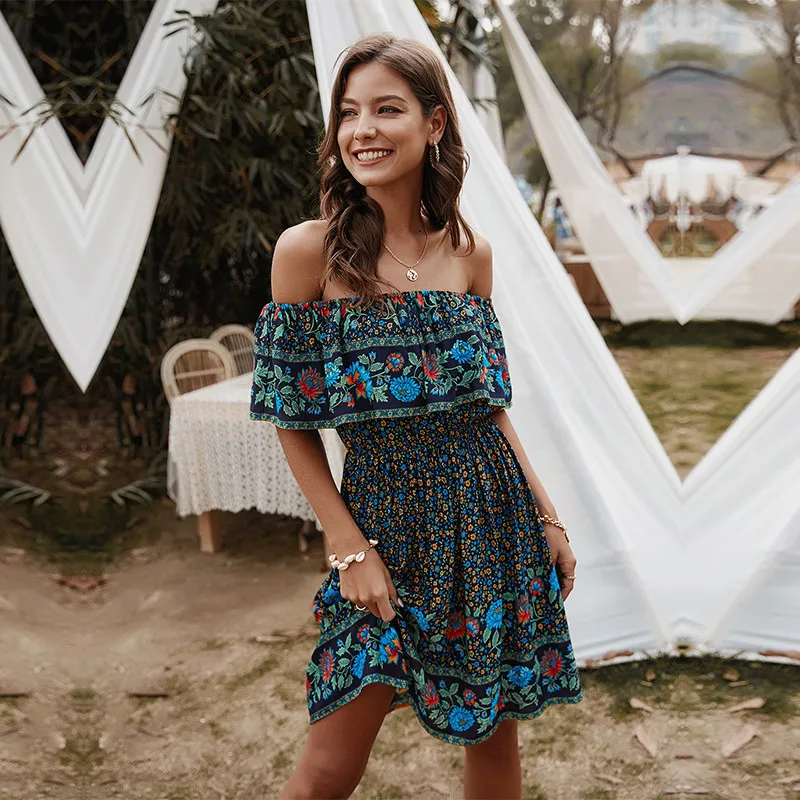 

Summer Ladies Sexy Off The Shoulder Floral Dress Women Temperament Slash Neck Knee Length Print Dress 2021 New